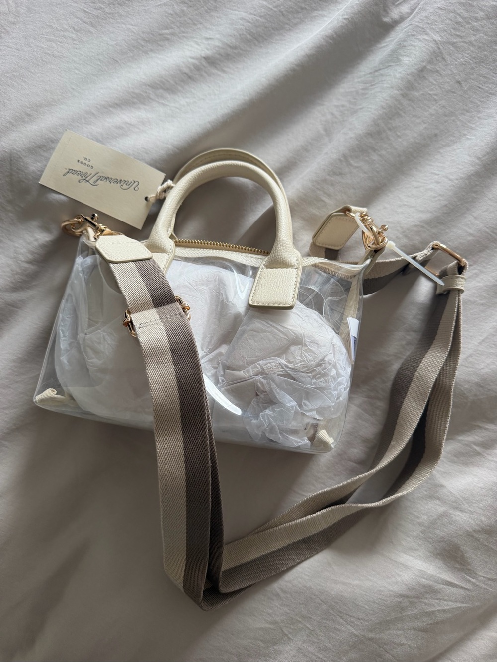 Clear PVC Crossbody Tote with Cream Trim and Striped Strap